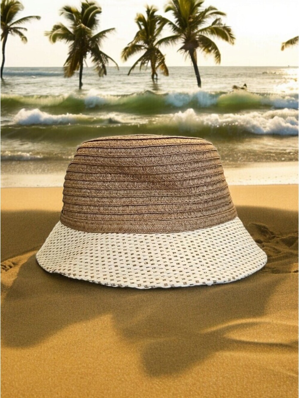 TWO TONED Jessica Simpson Paper STRAW SUN Beach BUCKET HAT O/S BROWN AND TAN
